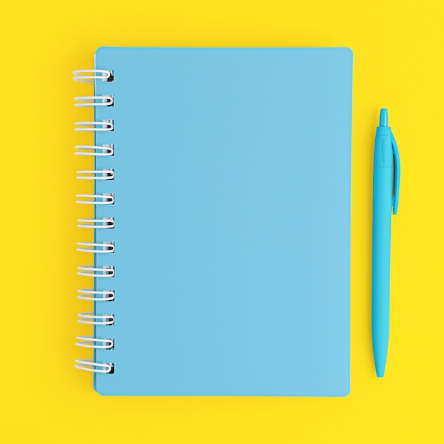 Download Premium Photo Closed Blue Notebook And Pen On Yellow Background Top View Mockup PSD Mockup Templates