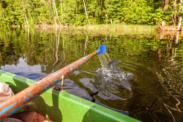 Premium Photo | Closeup of oar paddle from row boat moving in water on ...