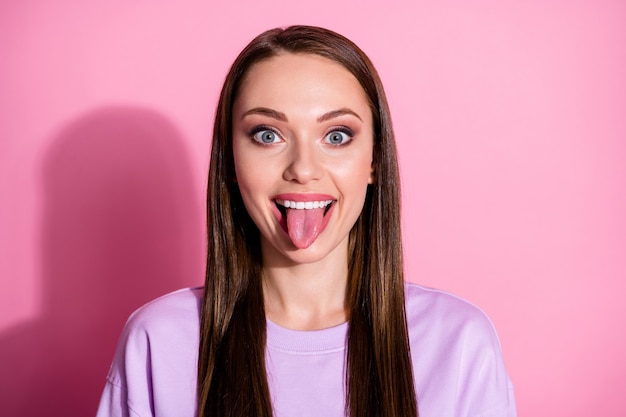 Premium Photo Closeup Photo Of Attractive Funky Carefree Lady Sticking Tongue Out Mouth 3091