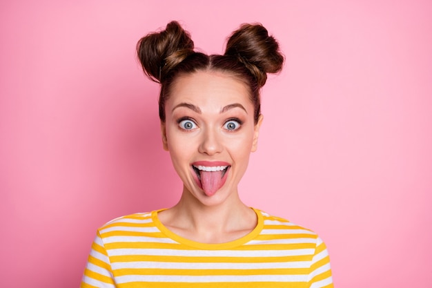 Premium Photo | Closeup photo of attractive lady two funny buns stick ...