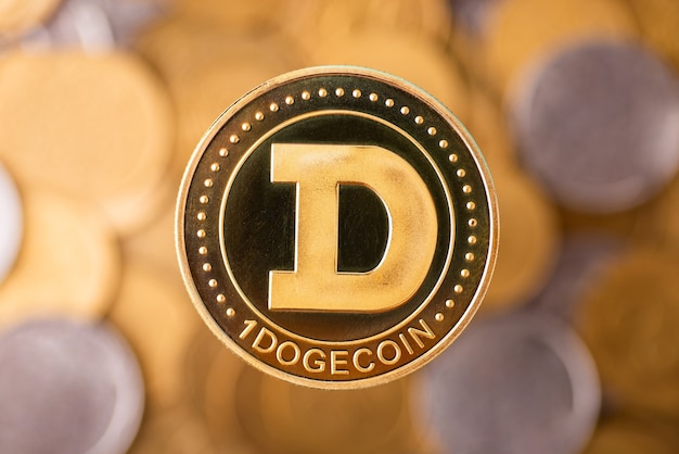 Premium Photo | Closeup photo of dogecoin on background of golden and ...