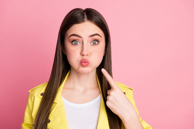 Premium Photo | Closeup portrait of pretty funky comic girl pointing at ...