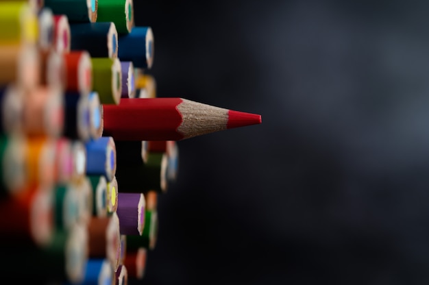 Closeup with a group of colored pencils, selected focus, red Free Photo