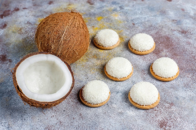 Premium Photo | Coconut marshmallow cookies with half coconut,top view