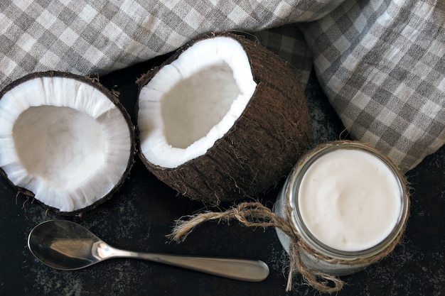 Premium Photo | Coconut yogurt and coconut. vegan yogurt. keto diet.