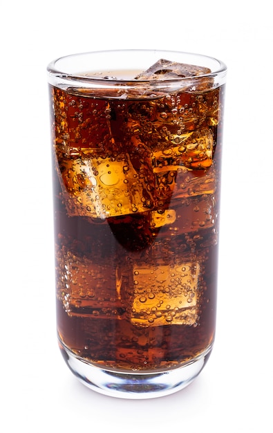 Premium Photo | Cola in glass with ice cubes on white