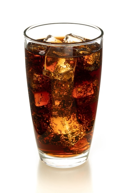 Premium Photo | Cola in glass with ice on white background