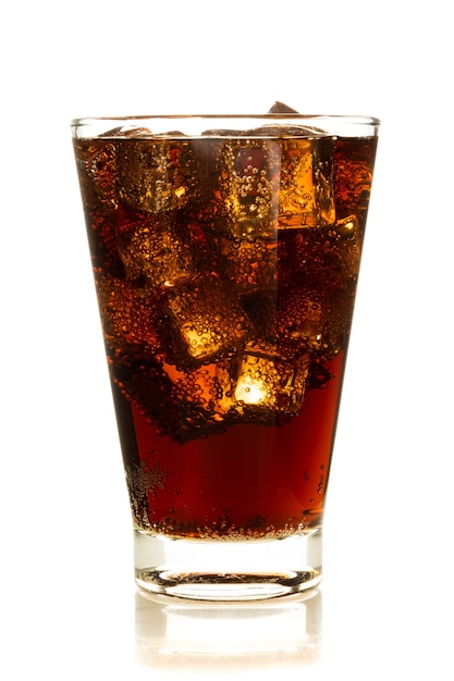 Premium Photo | Cola in glass with ice on white background