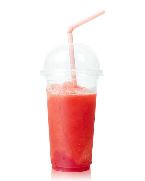 Premium Photo Cold Watermelon Smoothie In Plastic Cup With Straws Isolated On White