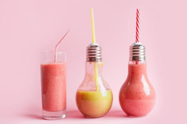 Premium Photo | Collage Of Glasses With Fresh Delicious Smoothie And Straw