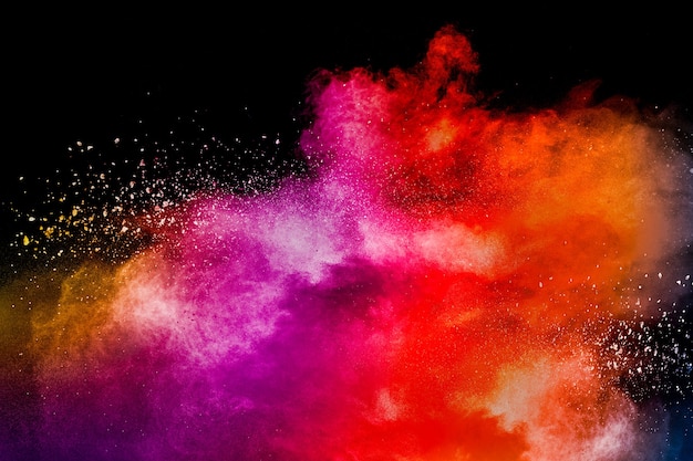 着色粉末爆発 背景に抽象的なクローズアップのほこり カラフルな爆発 ホーリーをペイントします プレミアム写真