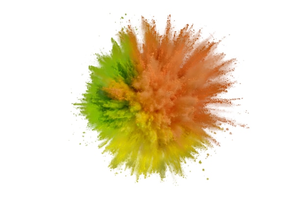 白い背景の上の色の粉の爆発 背景に抽象的なクローズアップのほこり カラフルな爆発 ホーリーを描く プレミアム写真