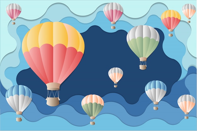 青い背景にカラフルな風船 気球祭りのイラスト プレミアム写真