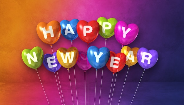 Premium Photo | Colorful happy new year heart shape balloons on a ...