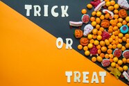 Free Photo Colorful Sweets And Trick Or Treat Caption