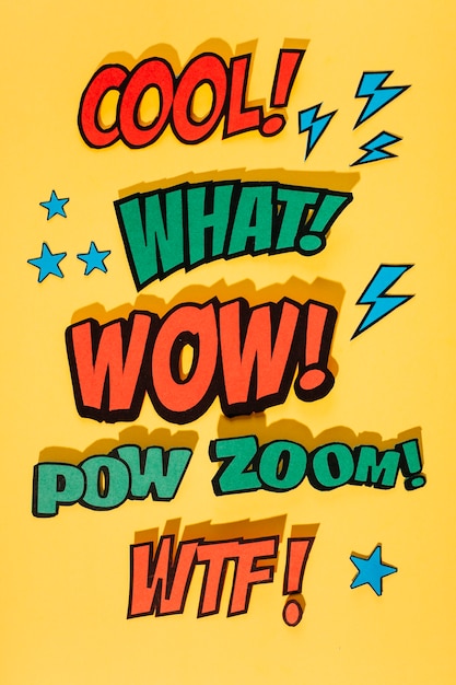 Download Free Photo Comic Book Sound Effect Expression On Yellow Background With Shadow PSD Mockup Templates