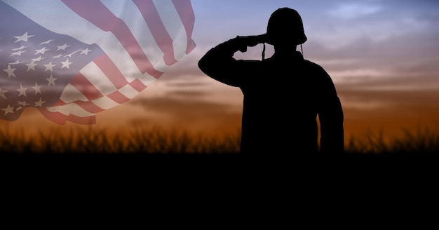 Premium Photo | Composition of silhouette of saluting soldier against ...