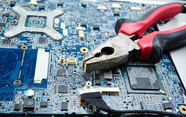 Computer circuit cpu main board electronics device : concept of hardware and technology. Premium Photo
