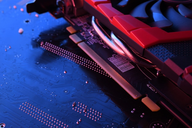 Computer game graphics card, videocard with two coolers on circuit board, motherboard. close-up. with red-blue lighting Premium Photo