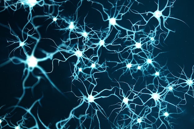 輝くリンクノットをもつニューロン細胞の概念図 脳内のニューロンにフォーカス効果があります 電気化学信号を送信するシナプスとニューロンの細胞 3d イラスト プレミアム写真