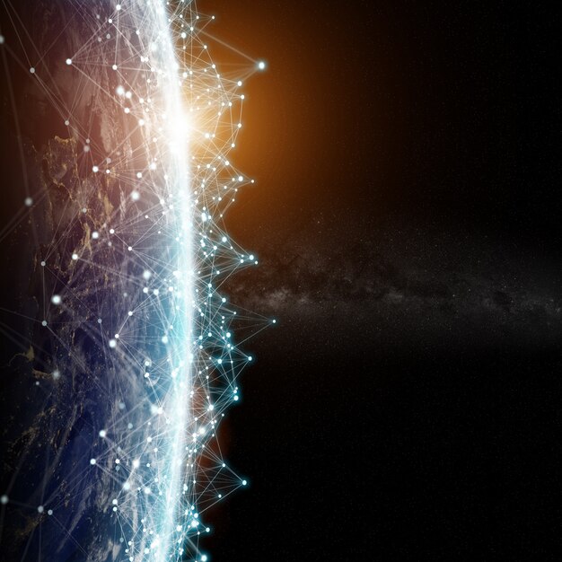 Connections system and datas exchanges on planet earth 3d rendering Premium Photo