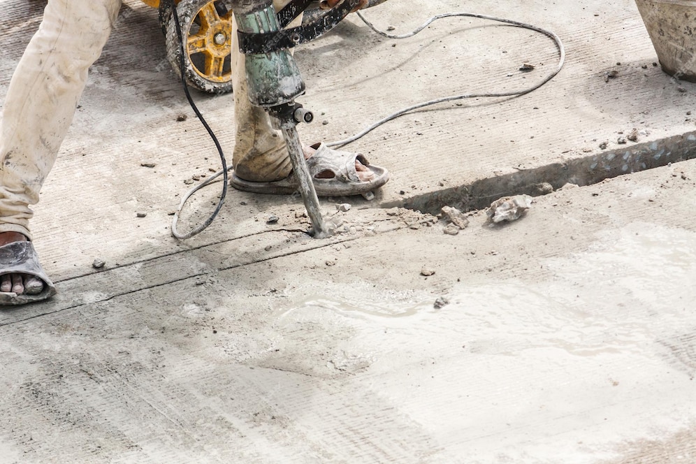 Premium Photo | Construction worker using jackhammer drilling concrete ...