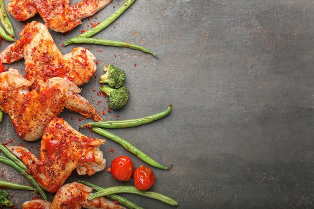 Premium Photo Cooked Chicken Wings With Vegetables On Dark Table 7831