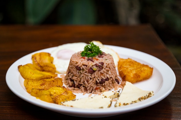 Premium Photo | Costa rican traditional meal in white plate on wooden table