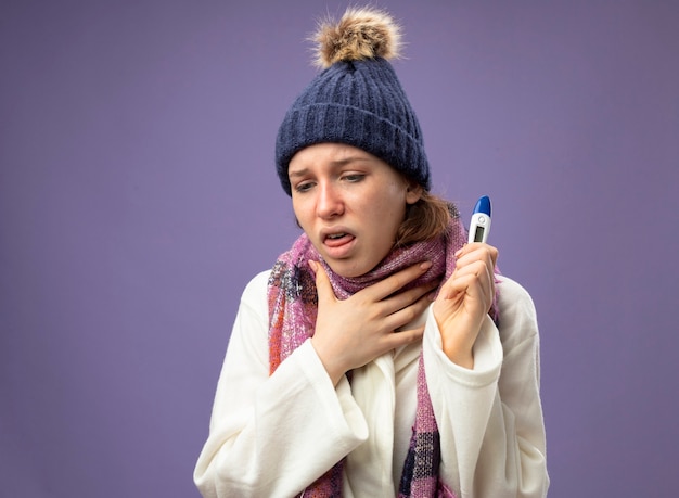 Free Photo | Coughing young ill girl wearing white robe and winter hat ...