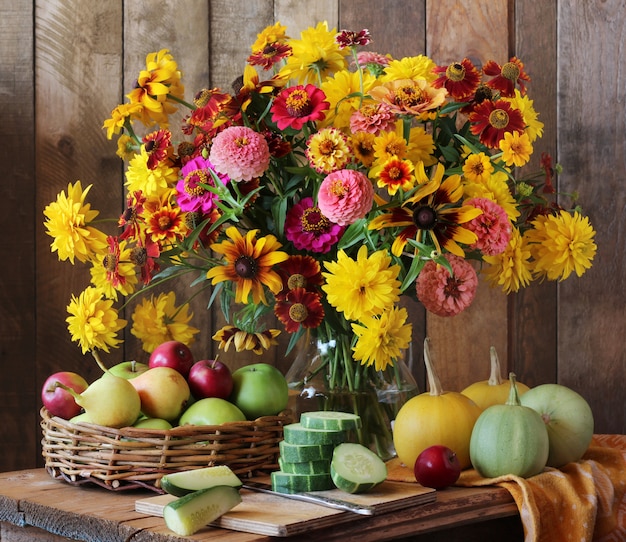 Premium Photo | Country still life with garden flowers, vegetables and ...