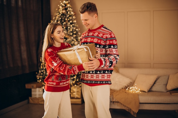 Free Photo | Couple together with christmas presents by the christmas tree