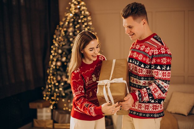 Free Photo | Couple together with christmas presents by the christmas tree