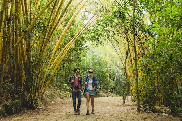 Free Photo | Couple walking through bamboo forest