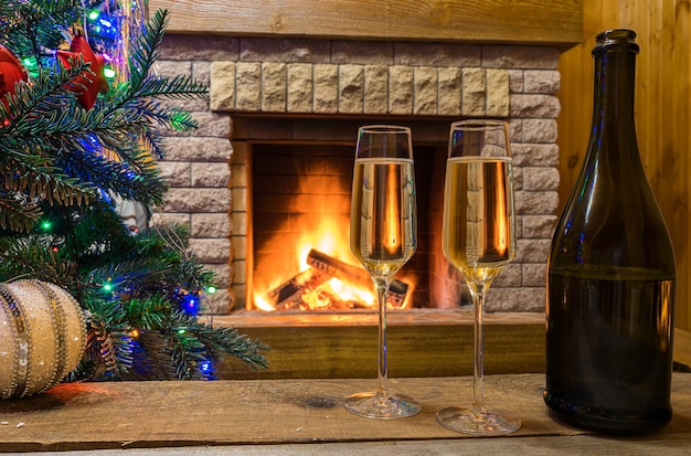 Cozy Fireplace Champagne Wine Before Christmas Tree Decorated