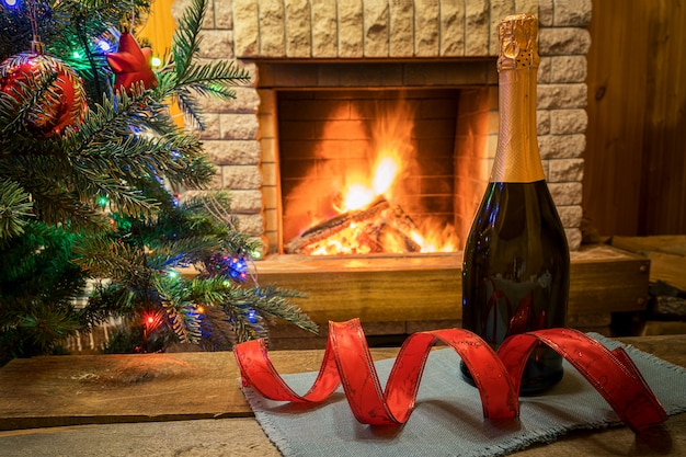 Cozy Fireplace Champagne Wine Before Christmas Tree Decorated