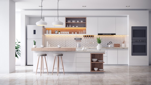 Cozy modern kitchen white room interior Premium Photo