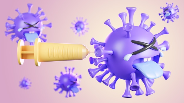 パステルカラーの背景に注射器で注入されているかわいい紫色のコロナウイルスのキャラクターを泣いています ワクチンcovid 19 3dモデルとイラスト プレミアム写真