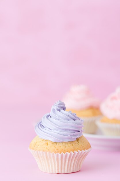 Cupcake decorated with pink and violet buttercream on pastel pink ...