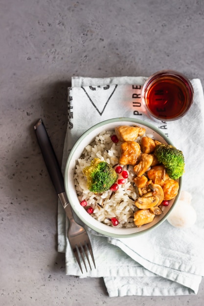 Premium Photo | Curry chicken with rice, mushroom and broccoli ...