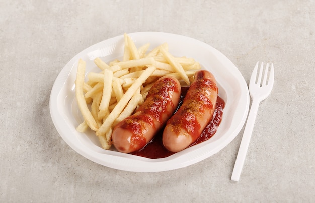Free Photo | Curry wurst with sauce and french fries
