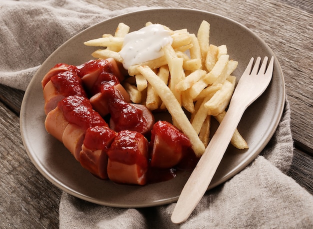 Free Photo | Curry wurst with sauce and french fries
