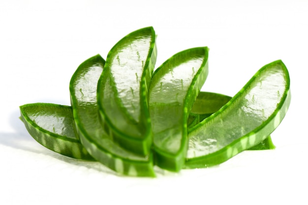 Cut aloe vera leaves shows transparent aloe vera gel ...