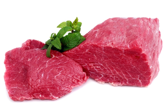 Premium Photo | Cut of beef steak with green leaf. isolated.