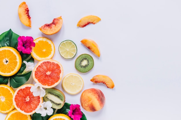 Cut fruits near leaves and flowers Free Photo