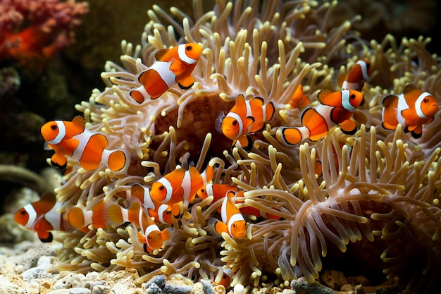 サンゴ礁で遊ぶかわいいアネモネ魚 サンゴの美しい色のカクレクマノミ プレミアム写真