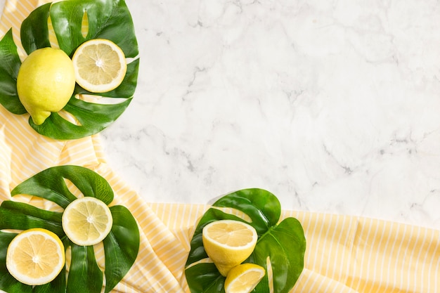 Cute arrangement of lemons on monstera leaves Free Photo