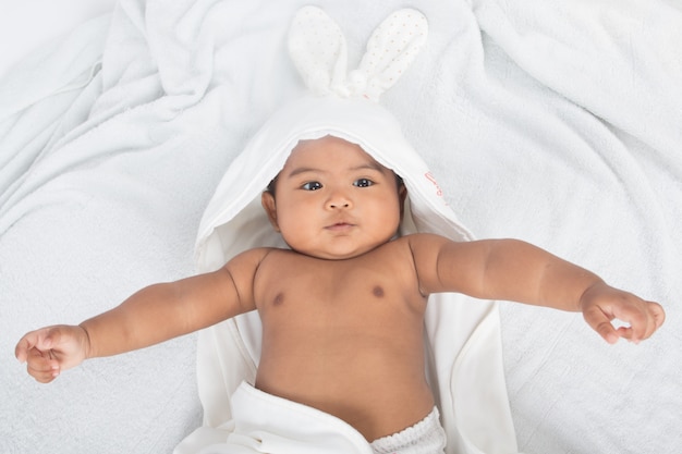 Premium Photo Cute Asian Baby Lying On Soft Blanket