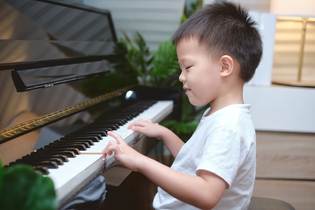 ピアノを弾くかわいいアジアの少年 プレミアム写真