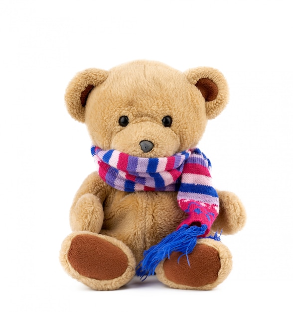 brown teddy bear with red scarf