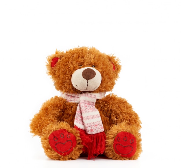 brown teddy bear with red scarf